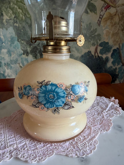 Vintage Lamplight Farms Victoria Rose Oil Lamp | Ivory Glass with Blue Floral Design | Made in USA
