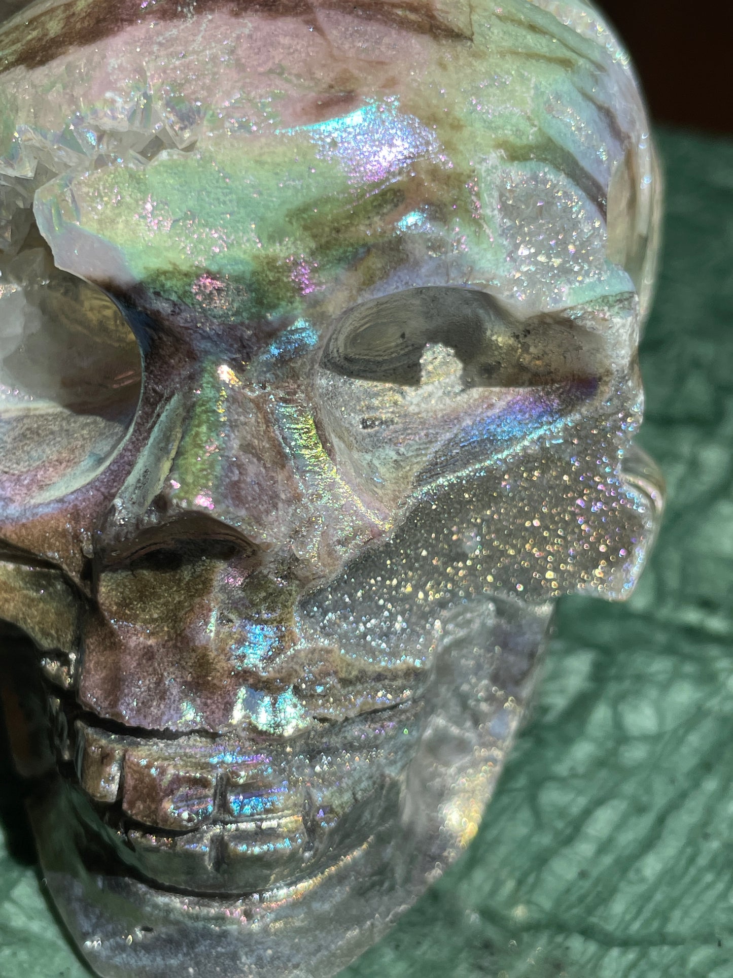 Aura Sphalerite Crystal Skull With Druzy and Rainbows