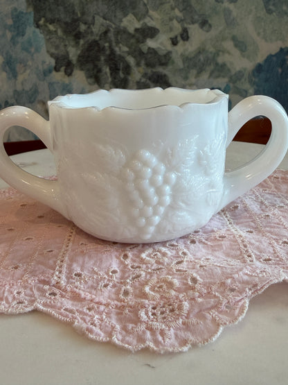 Vintage Milk Glass Grape and Vine Open Sugar Bowl with Scalloped Rim