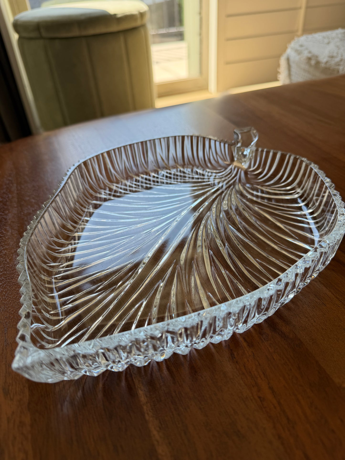 Vintage Crystal Leaf Serving Platter | 11-Inch Elegant Pressed Glass Serving Tray | Mid-Century Tableware