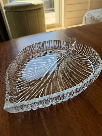 Vintage Crystal Leaf Serving Platter | 11-Inch Elegant Pressed Glass Serving Tray | Mid-Century Tableware