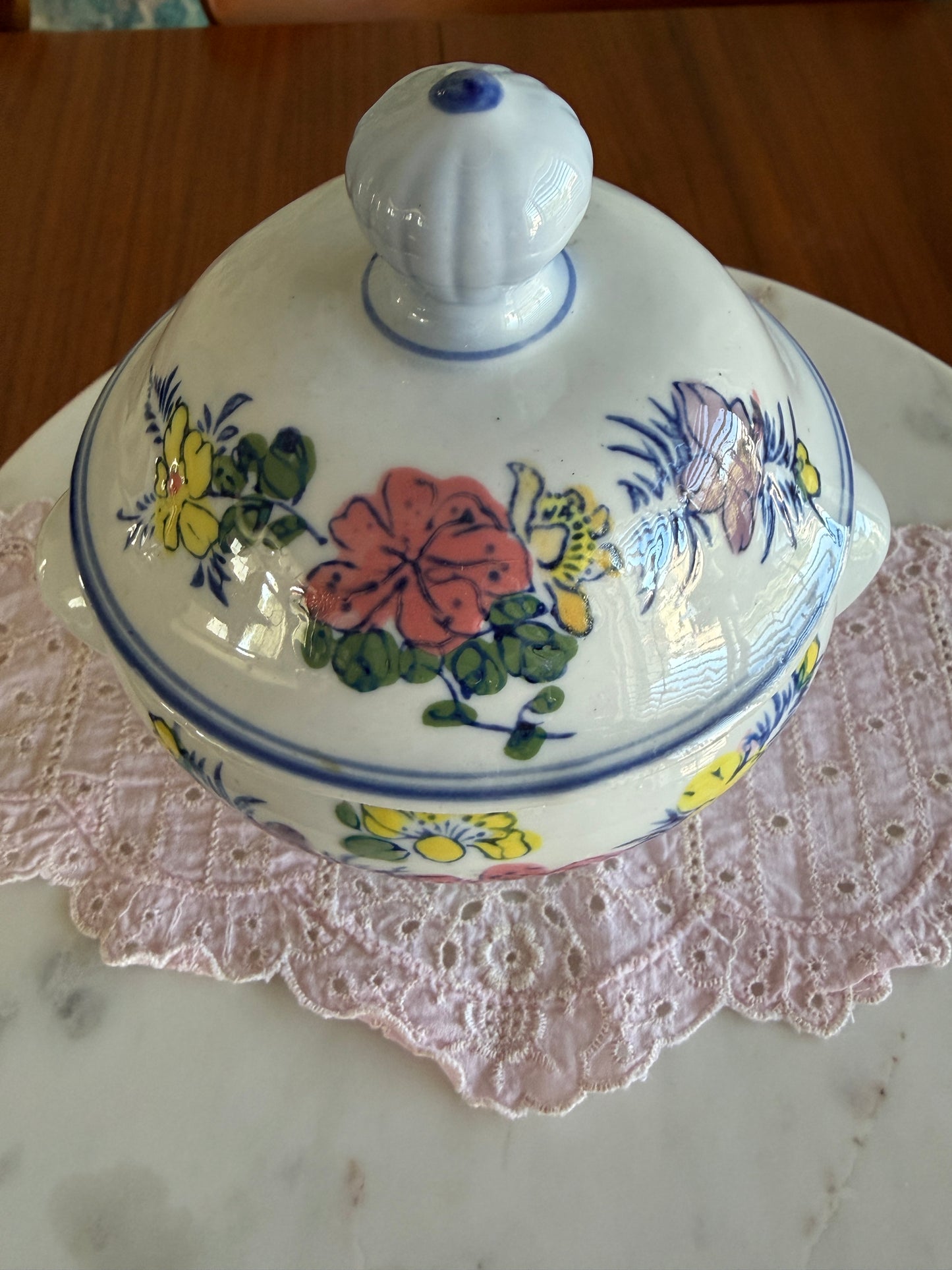 Vintage Hand Painted Porcelain Floral Footed Sugar Bowl with Lid
