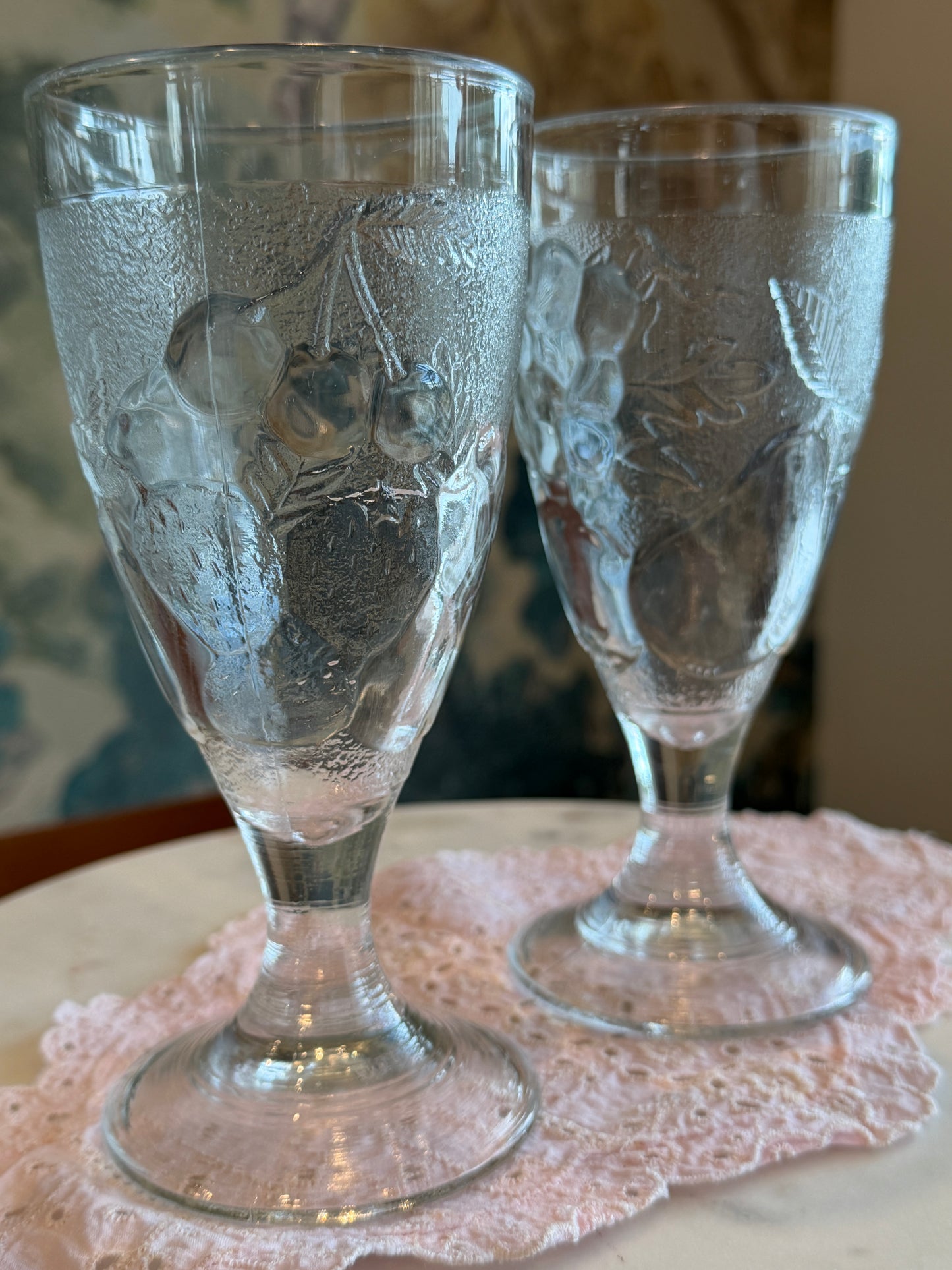 Set of 2 Vintage Pottery Barn “Orchard” Pressed Glass Fruit Footed 8 oz Goblets | Arcoroc France