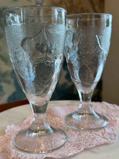 Set of 2 Vintage Pottery Barn “Orchard” Pressed Glass Fruit Footed 8 oz Goblets | Arcoroc France