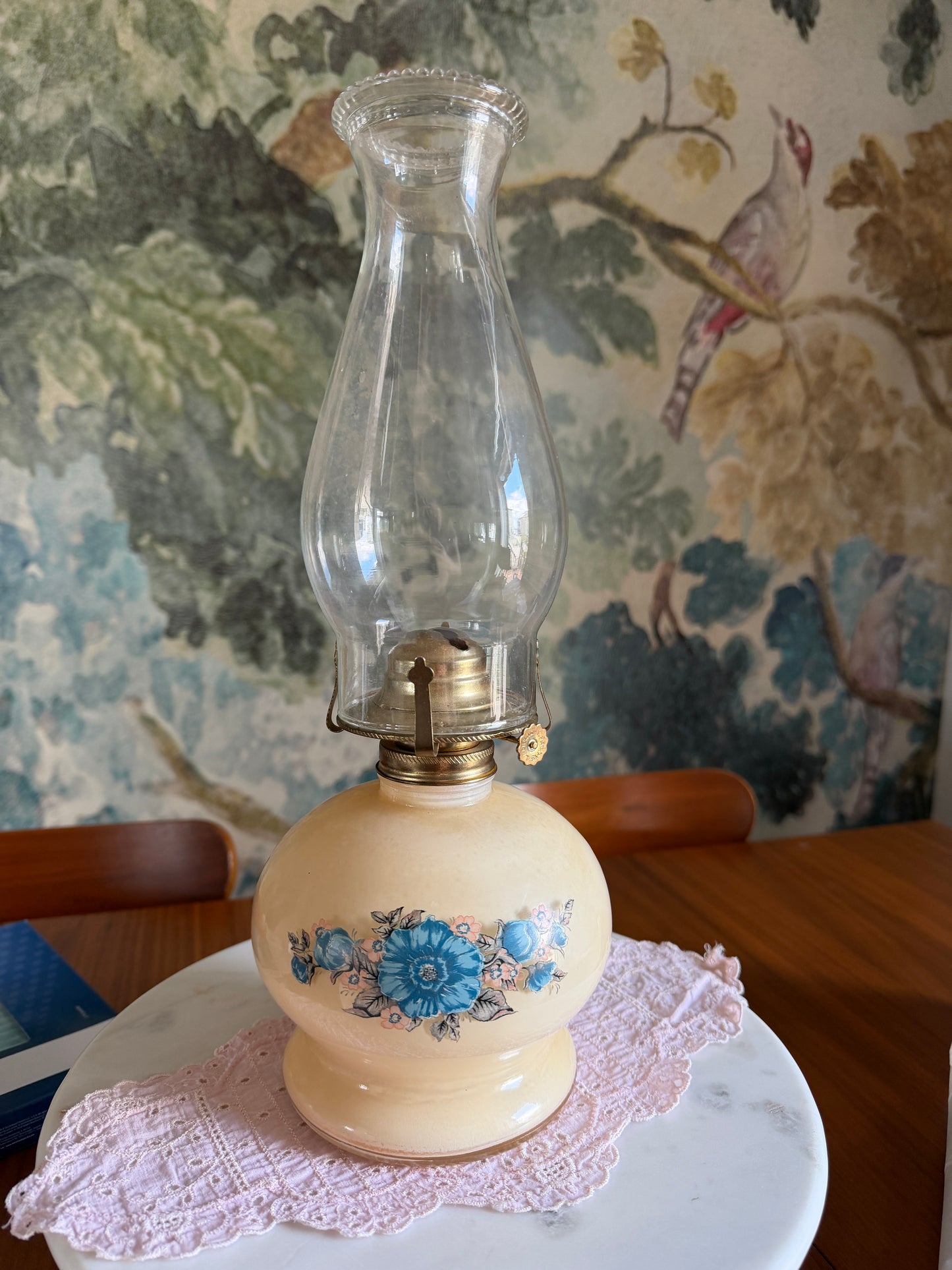 Vintage Lamplight Farms Victoria Rose Oil Lamp | Ivory Glass with Blue Floral Design | Made in USA
