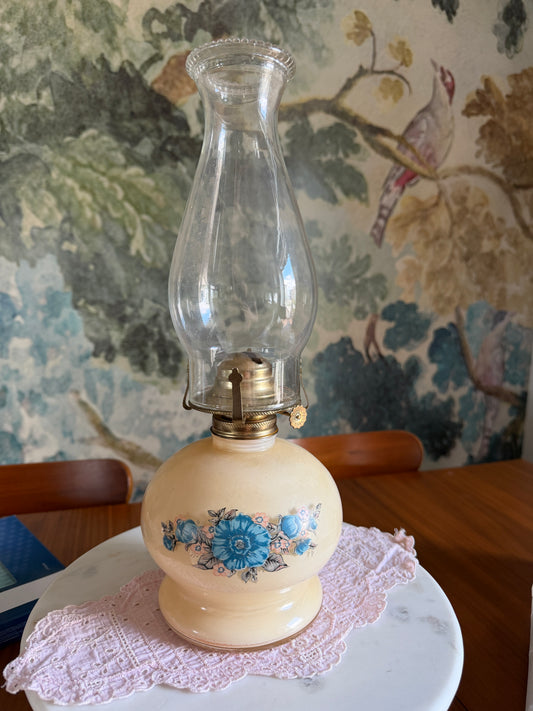 Vintage Lamplight Farms Victoria Rose Oil Lamp | Ivory Glass with Blue Floral Design | Made in USA