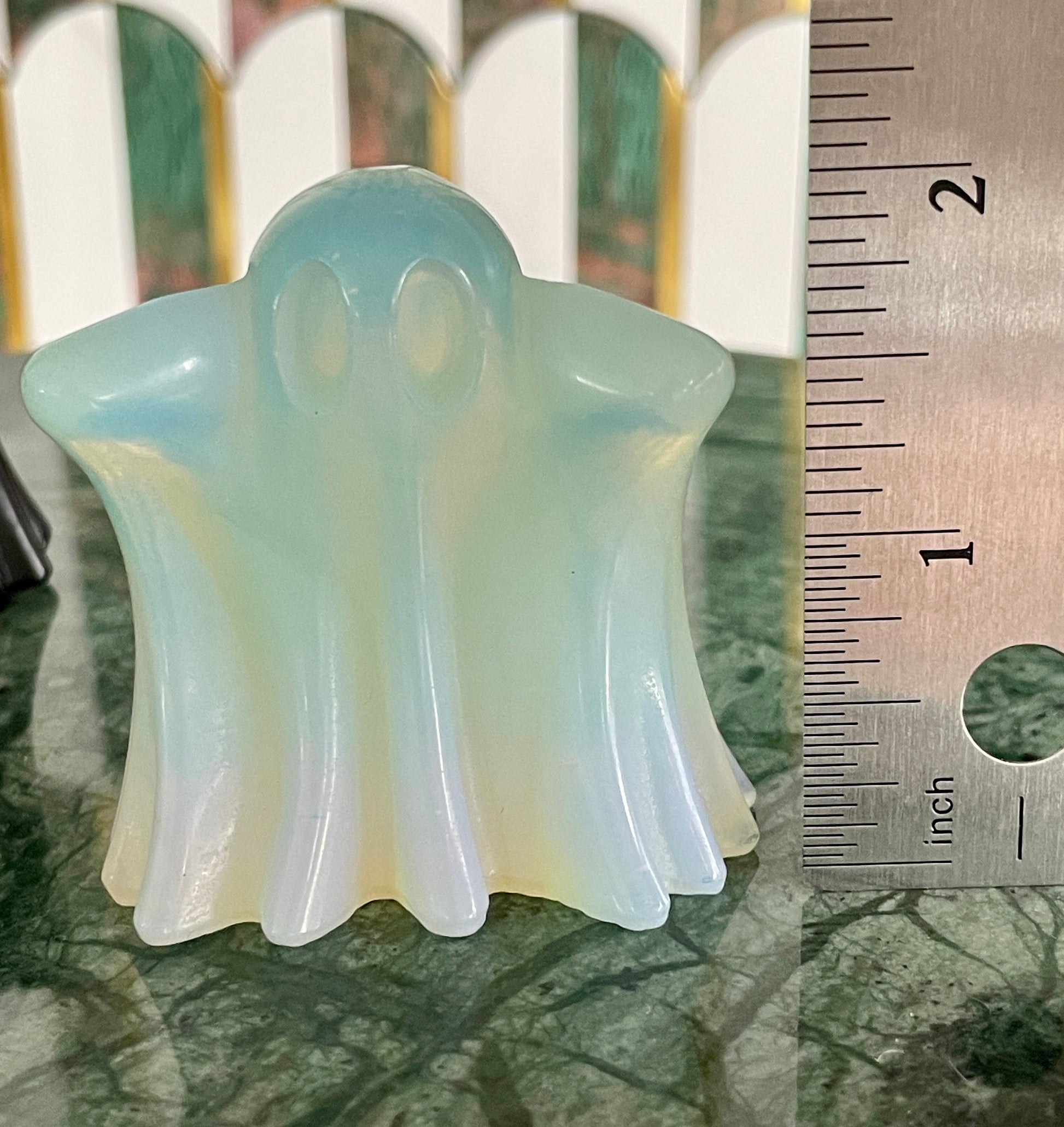 Opalite ghost carving crystal halloween decor spooky season gift for witch 2 inch altar piece dia de los muertos ofrenda ghost figurine polished crystal carving