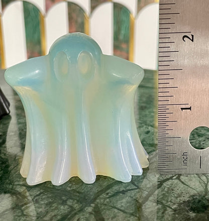 Opalite ghost carving crystal halloween decor spooky season gift for witch 2 inch altar piece dia de los muertos ofrenda ghost figurine polished crystal carving