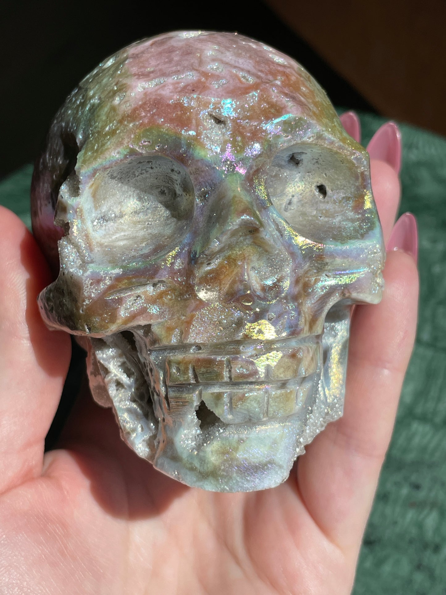 Aura Sphalerite Crystal Skull With Druzy and Rainbows