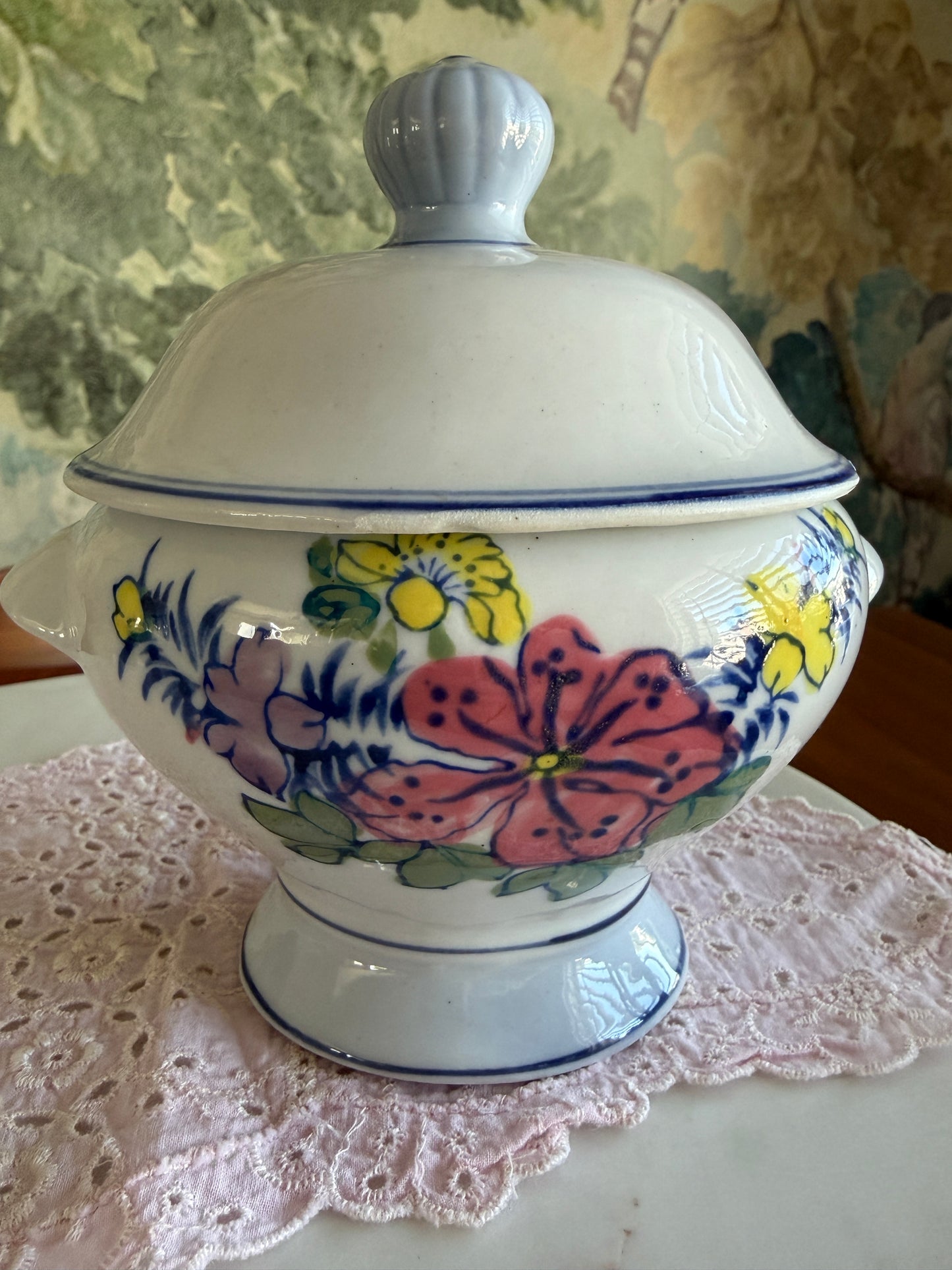 Vintage Hand Painted Porcelain Floral Footed Sugar Bowl with Lid