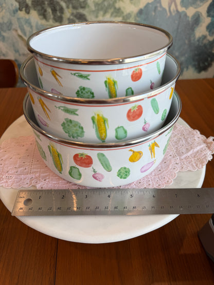 Vintage Enamelware Nesting Mixing Bowls | Vegetable Motif | Set of 3