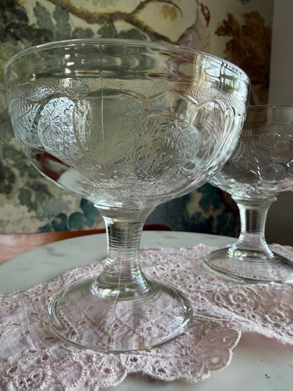 Set of 2 Vintage Pottery Barn “Orchard” Pressed Glass Fruit Footed Dessert Bowls | Arcoroc France