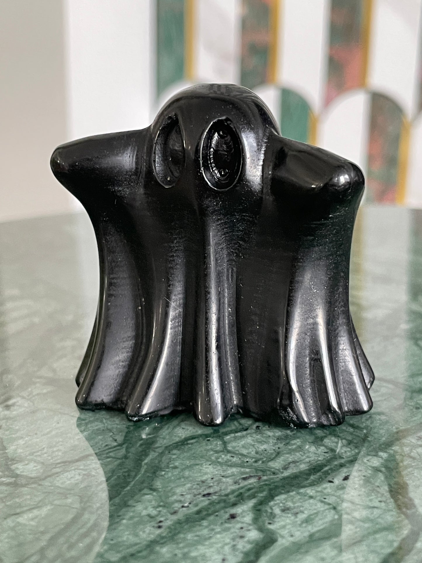 Black obsidian ghost carving crystal halloween decor spooky season gift for witch 2 inch altar piece dia de los muertos ofrenda ghost figurine black polished crystal carving