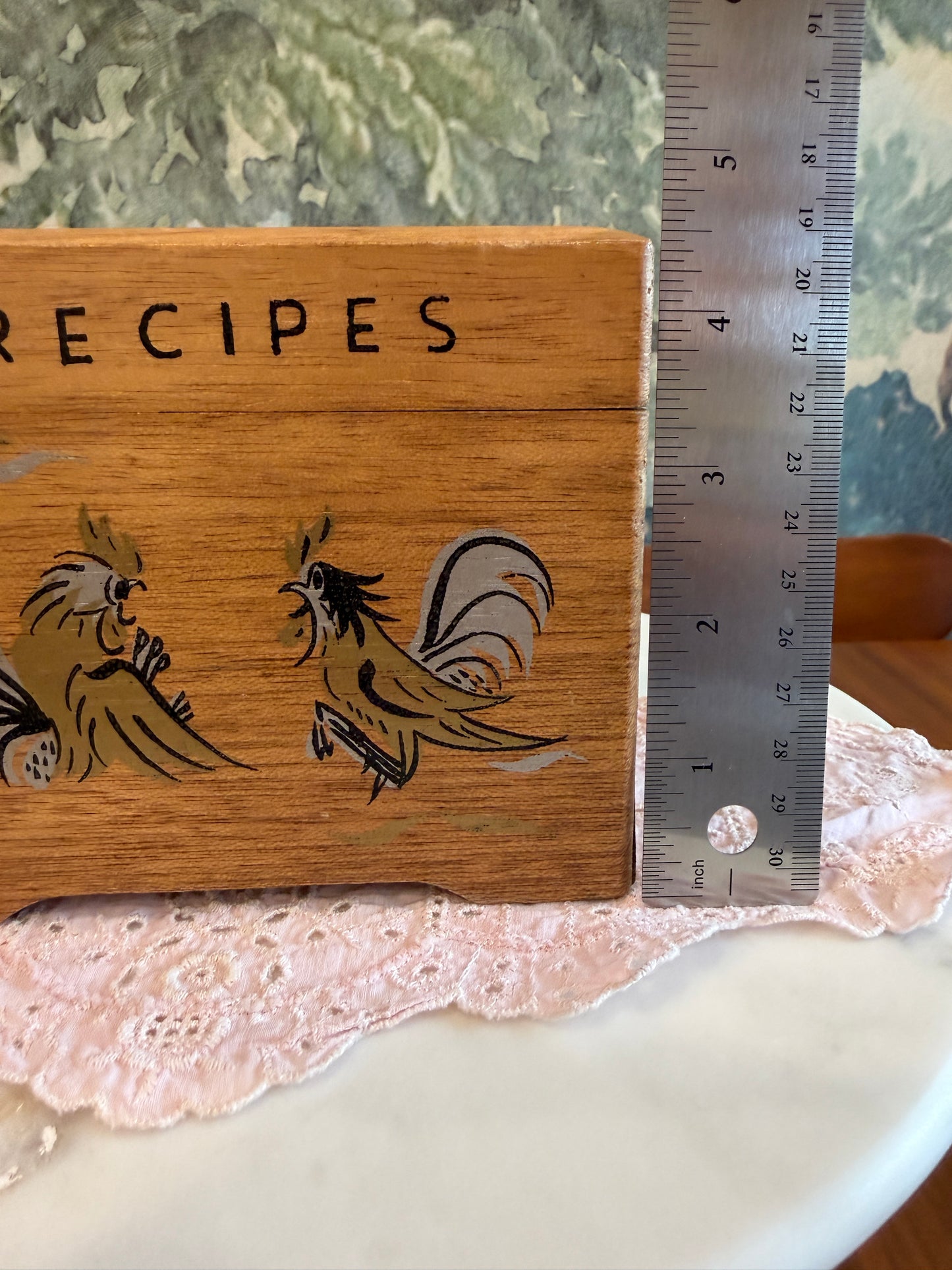 Vintage Wooden Recipe Box with Hand-Painted Roosters | Made in Japan | 1960s