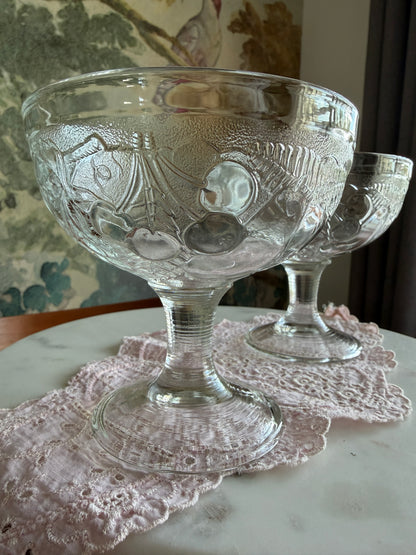 Set of 2 Vintage Pottery Barn “Orchard” Pressed Glass Fruit Footed Dessert Bowls | Arcoroc France