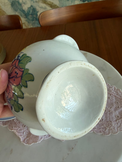 Vintage Hand Painted Porcelain Floral Footed Sugar Bowl with Lid