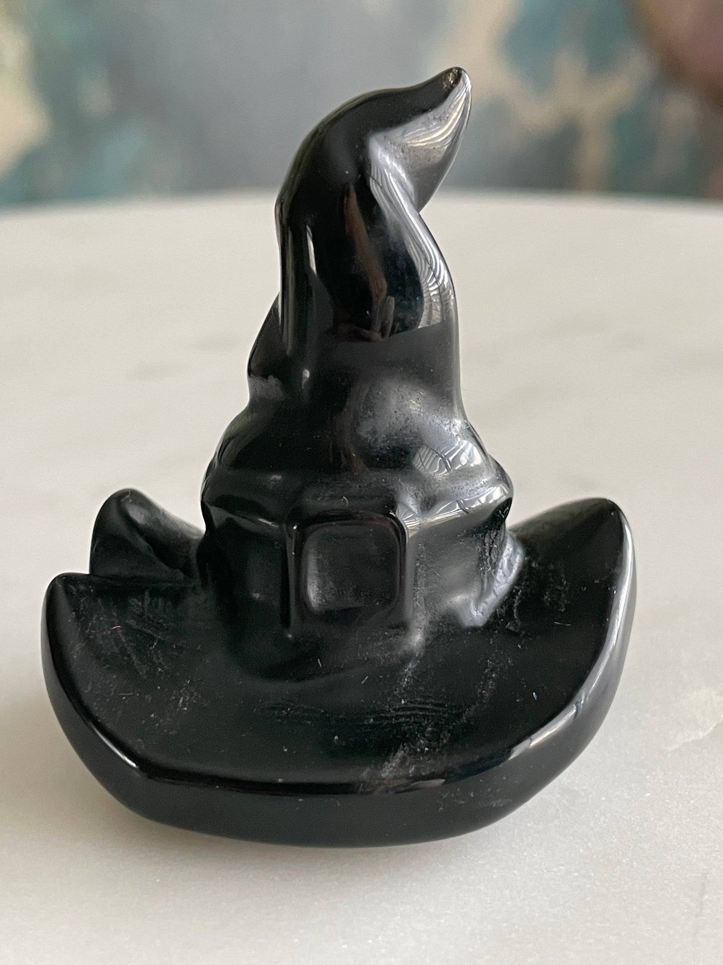 Black obsidian witch hat crystal carving black witches hat polished natural Halloween decor spooky gift wizard carving obsidian crystal display