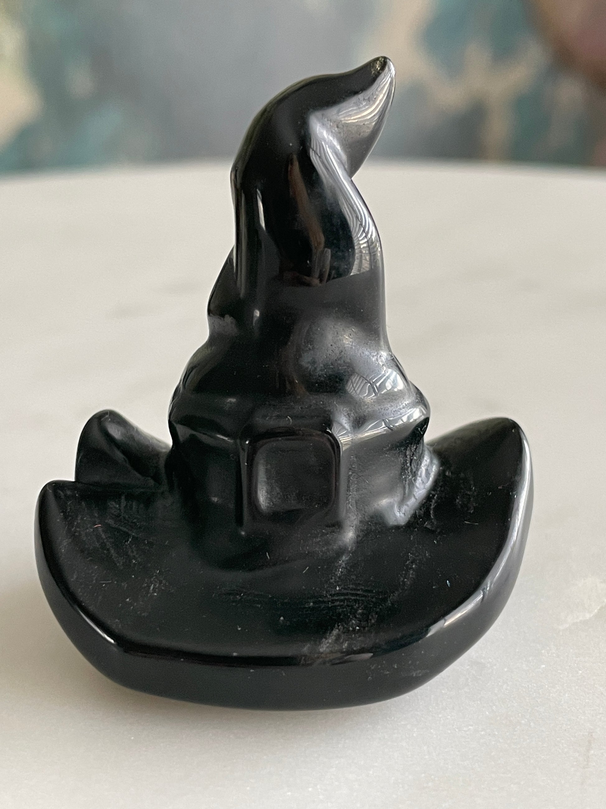 Black obsidian witch hat crystal carving black witches hat polished natural Halloween decor spooky gift wizard carving obsidian crystal display