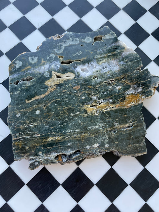 ocean jasper slab quartz polished raw drusy druzy green beige brown white clear crystal statement piece natural home decor altar display mineral rock stone gift