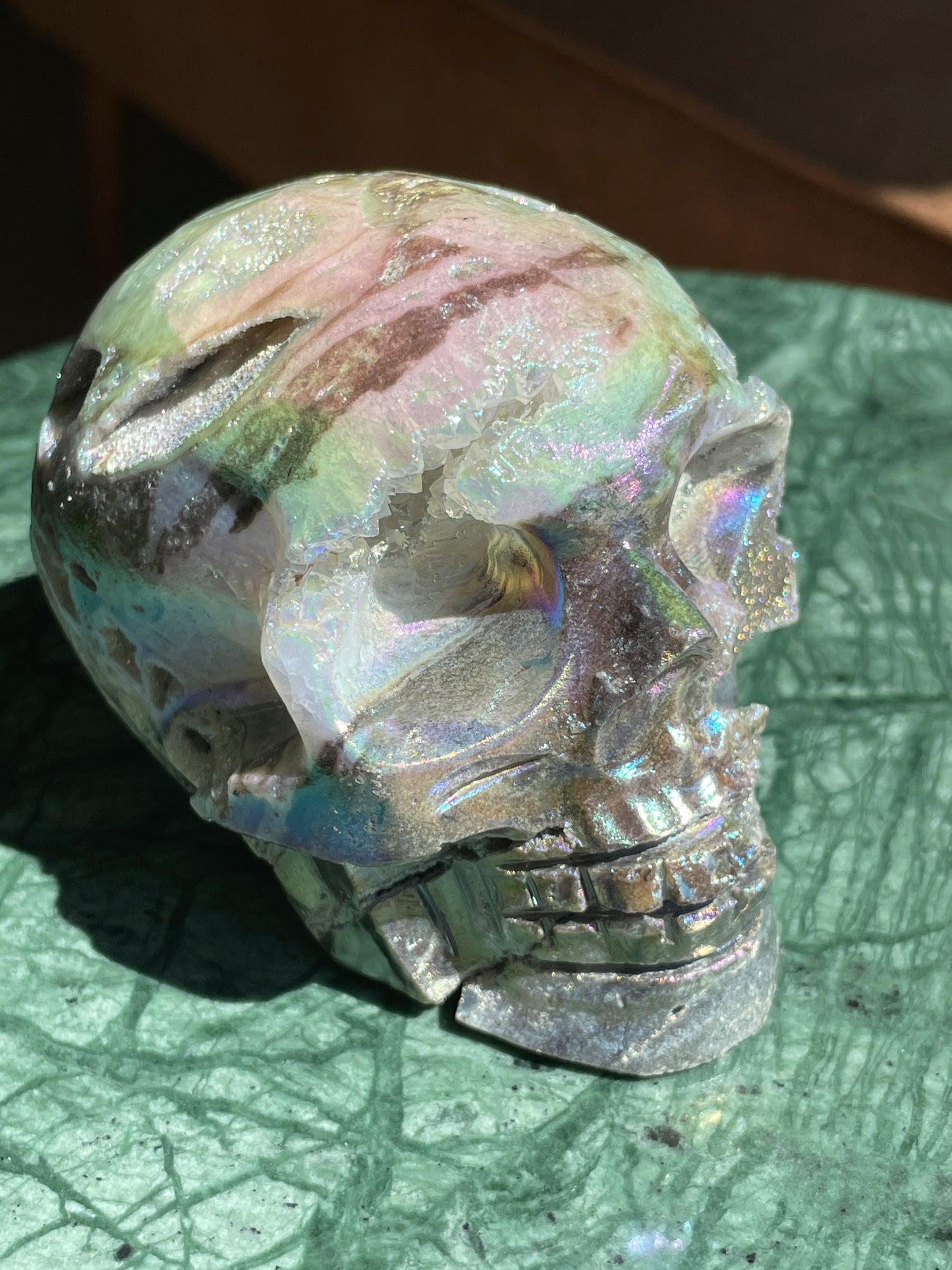 Aura Sphalerite Crystal Skull With Druzy and Rainbows