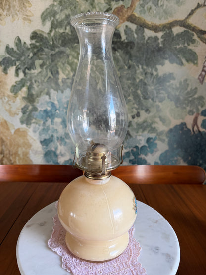 Vintage Lamplight Farms Victoria Rose Oil Lamp | Ivory Glass with Blue Floral Design | Made in USA