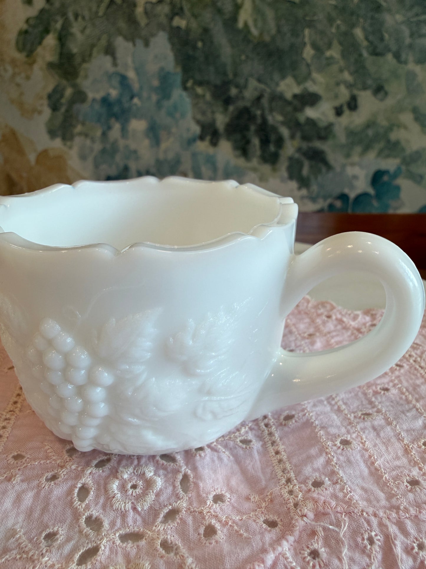 Vintage Milk Glass Grape and Vine Open Sugar Bowl with Scalloped Rim