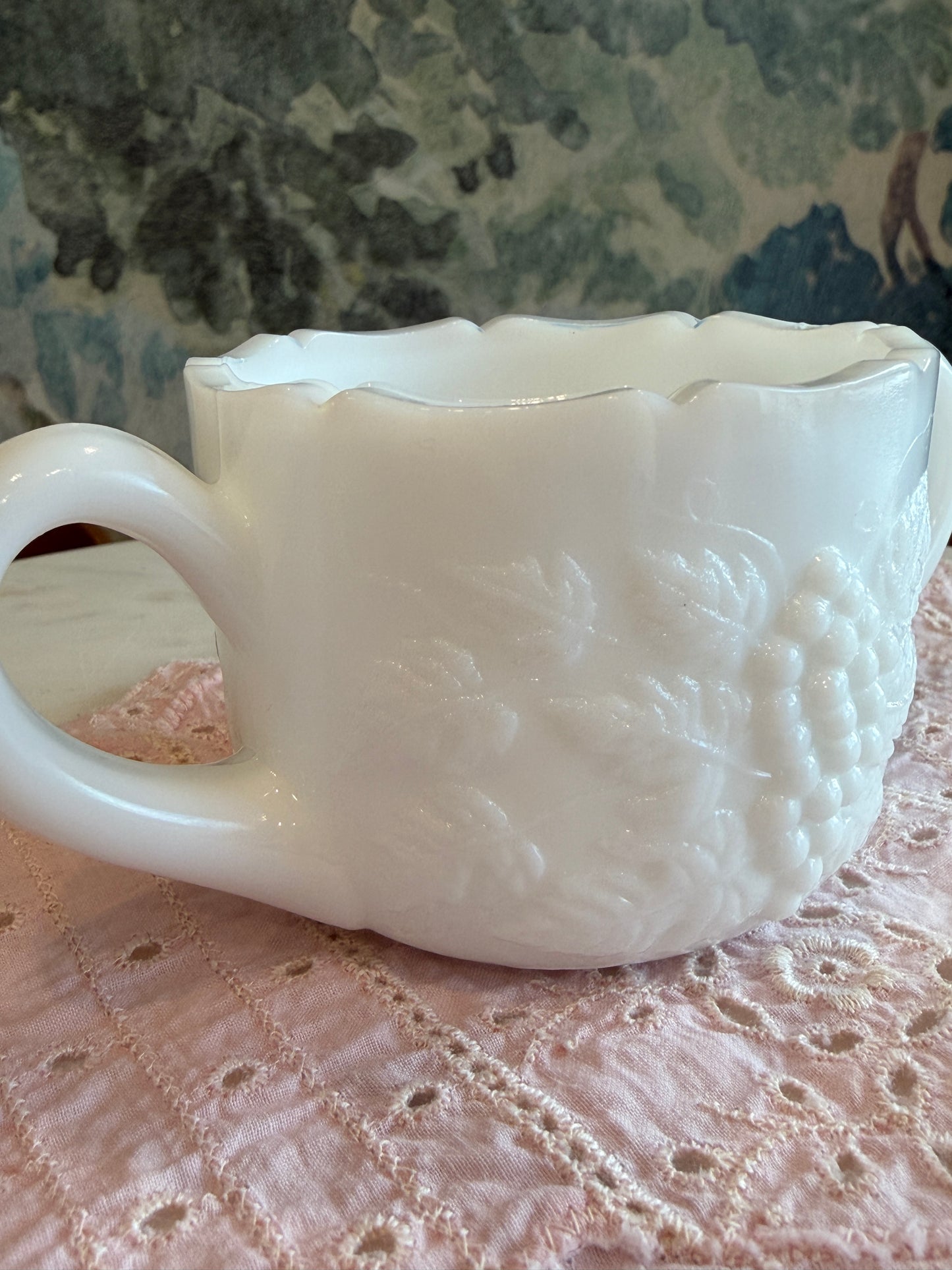 Vintage Milk Glass Grape and Vine Open Sugar Bowl with Scalloped Rim