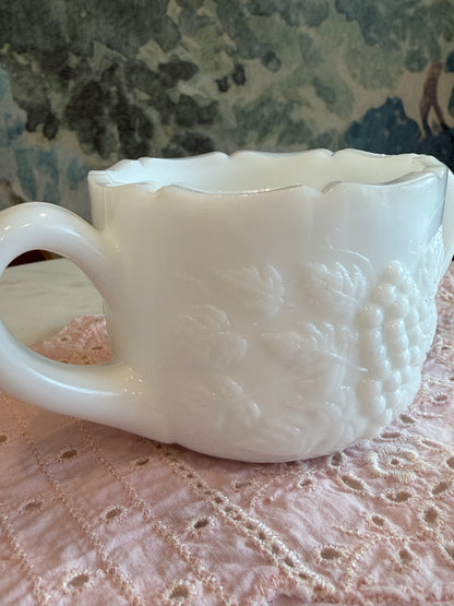 Vintage Milk Glass Grape and Vine Open Sugar Bowl with Scalloped Rim