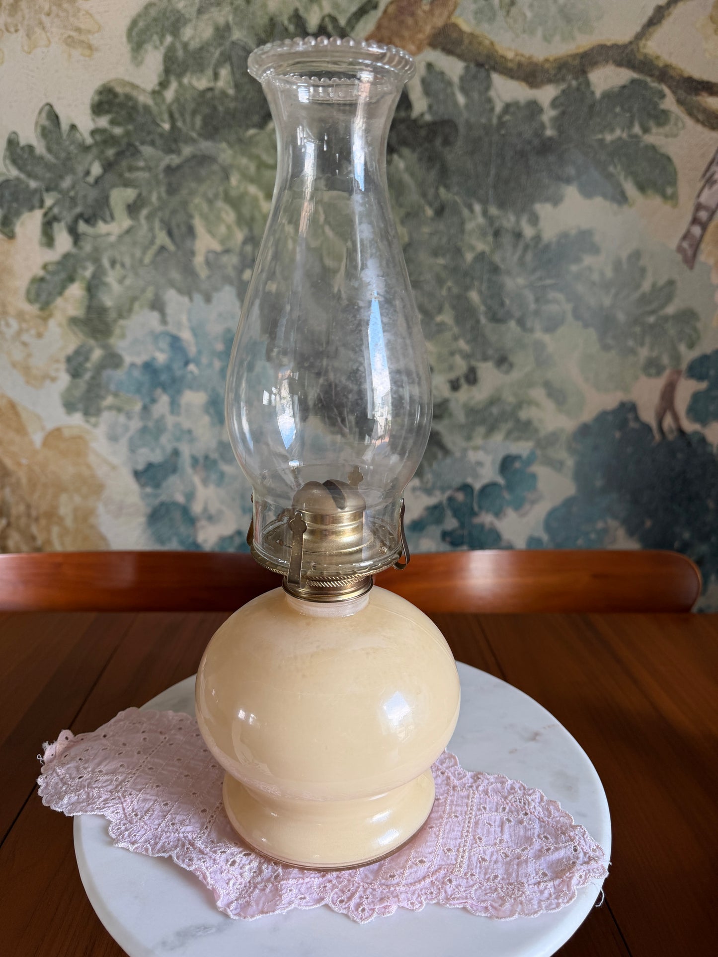 Vintage Lamplight Farms Victoria Rose Oil Lamp | Ivory Glass with Blue Floral Design | Made in USA