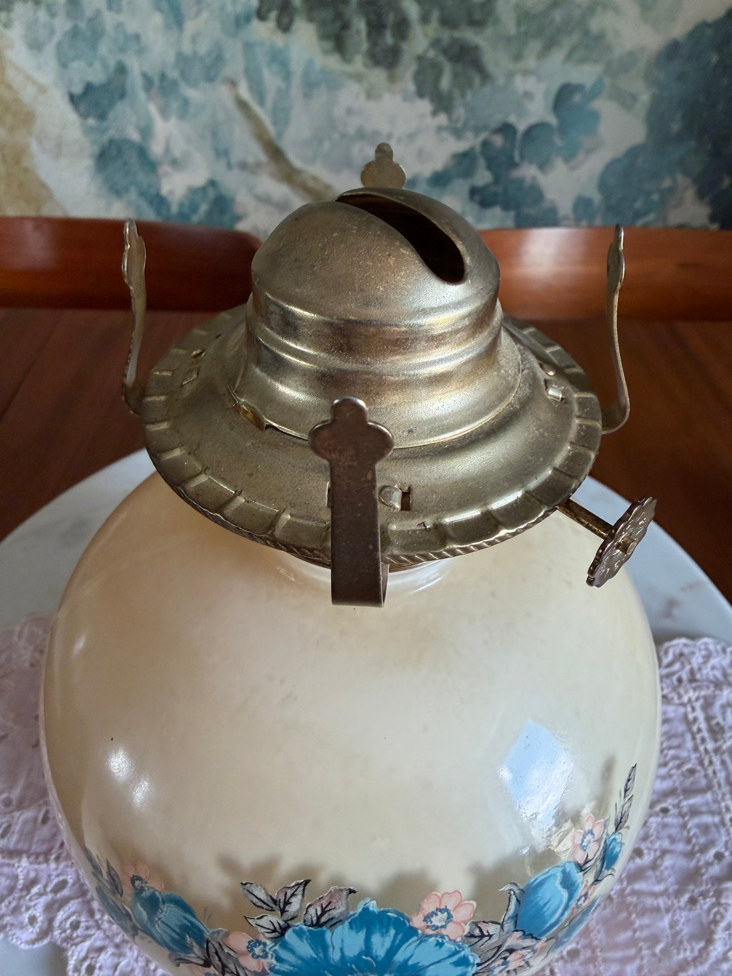 Vintage Lamplight Farms Victoria Rose Oil Lamp | Ivory Glass with Blue Floral Design | Made in USA