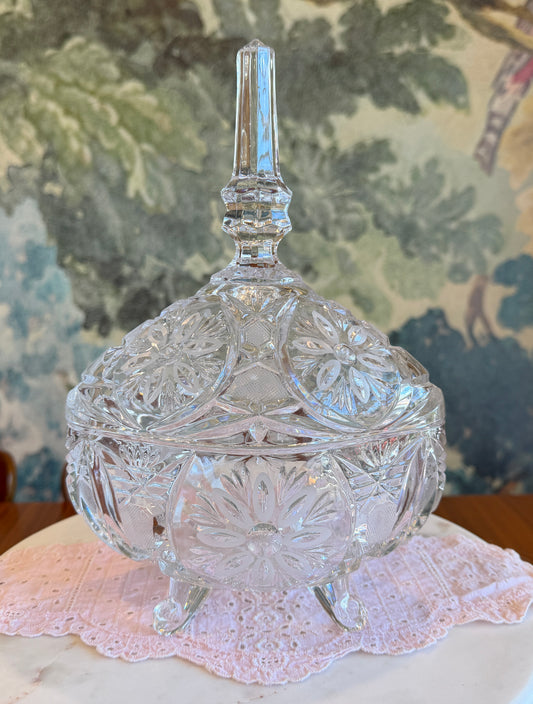 Vintage Anna Hütte Bleikristall 24% Lead Crystal Footed 10.5” Oval Candy Dish with Steeple Lid