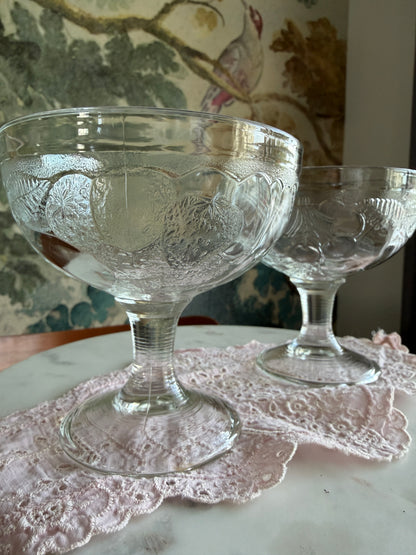 Set of 2 Vintage Pottery Barn “Orchard” Pressed Glass Fruit Footed Dessert Bowls | Arcoroc France