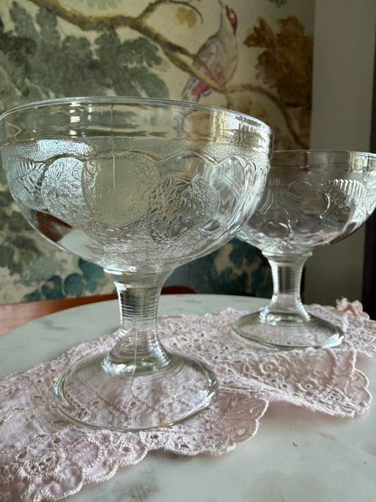 Set of 2 Vintage Pottery Barn “Orchard” Pressed Glass Fruit Footed Dessert Bowls | Arcoroc France