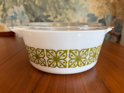 Vintage Pyrex Verde Square Flowers Casserole Dish 475-B with Lid