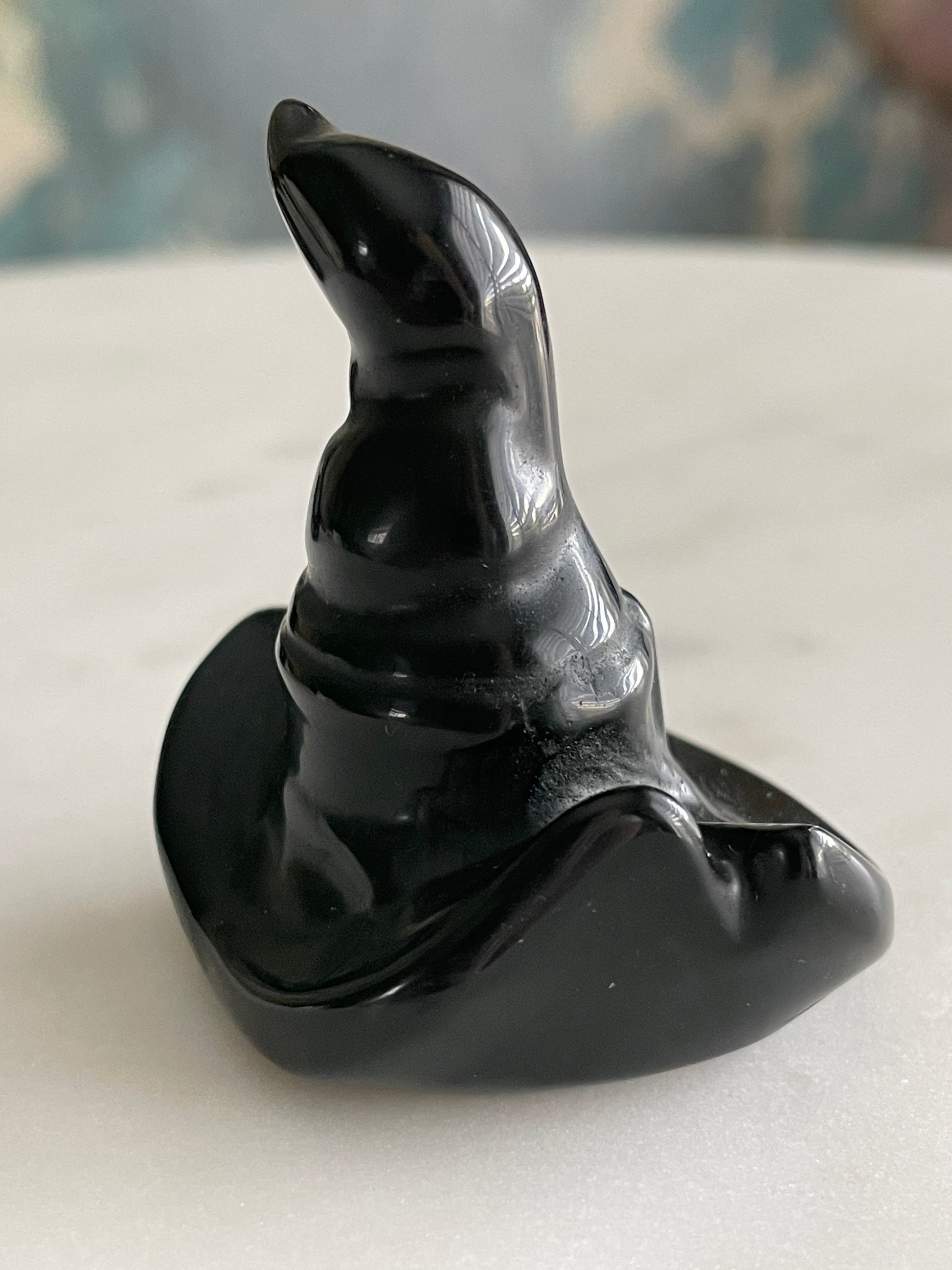Black obsidian witch hat crystal carving black witches hat polished natural Halloween decor spooky gift wizard carving obsidian crystal display