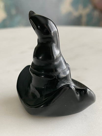 Black obsidian witch hat crystal carving black witches hat polished natural Halloween decor spooky gift wizard carving obsidian crystal display