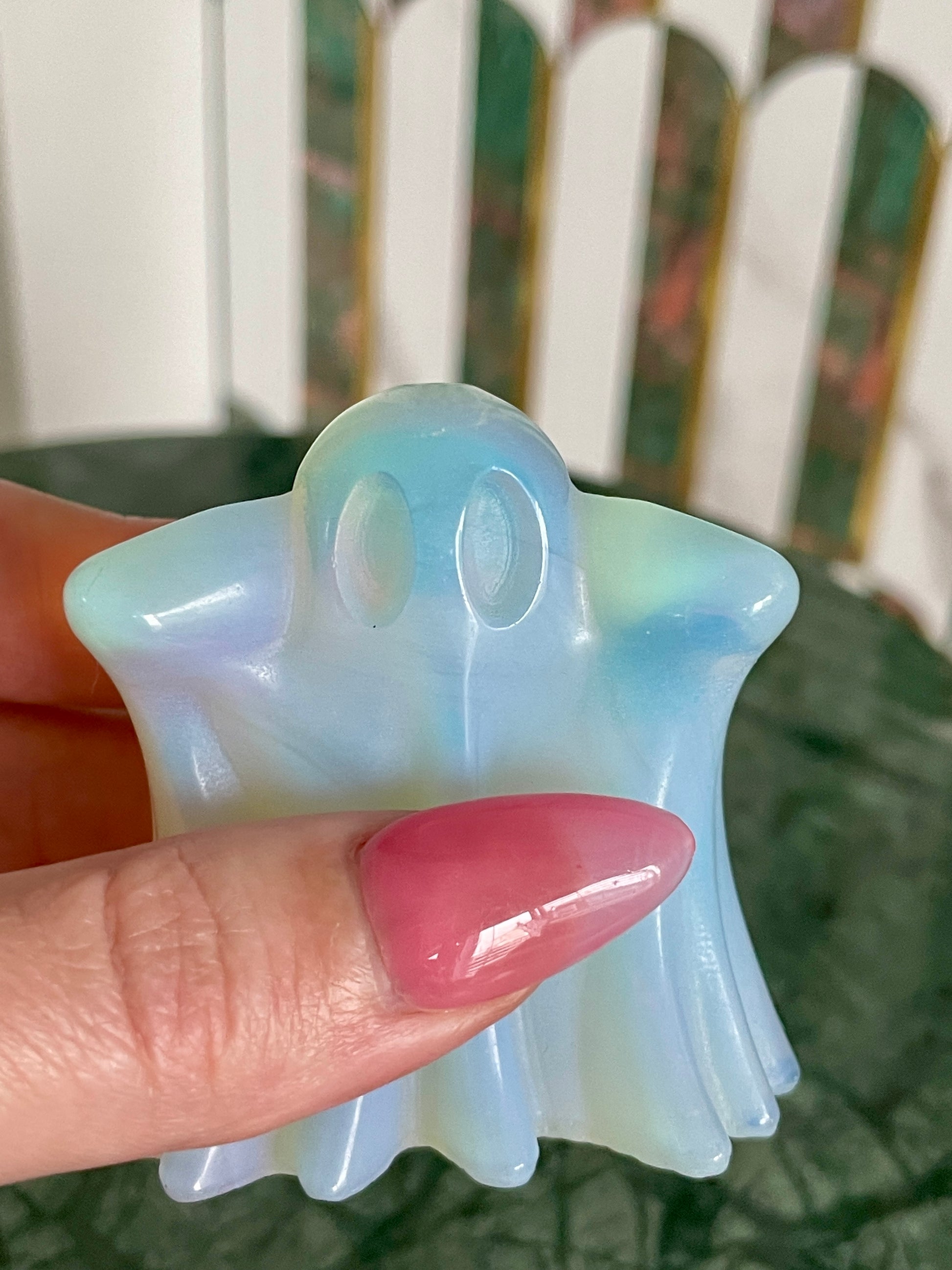 Opalite ghost carving crystal halloween decor spooky season gift for witch 2 inch altar piece dia de los muertos ofrenda ghost figurine polished crystal carving