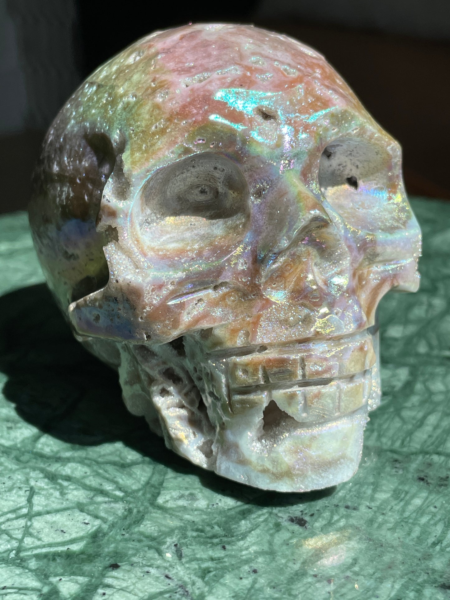 Aura Sphalerite Crystal Skull With Druzy and Rainbows