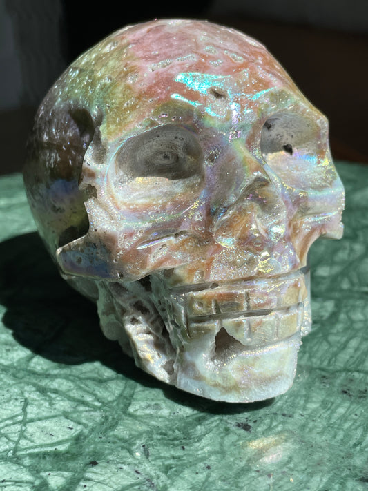 Aura Sphalerite Crystal Skull With Druzy and Rainbows
