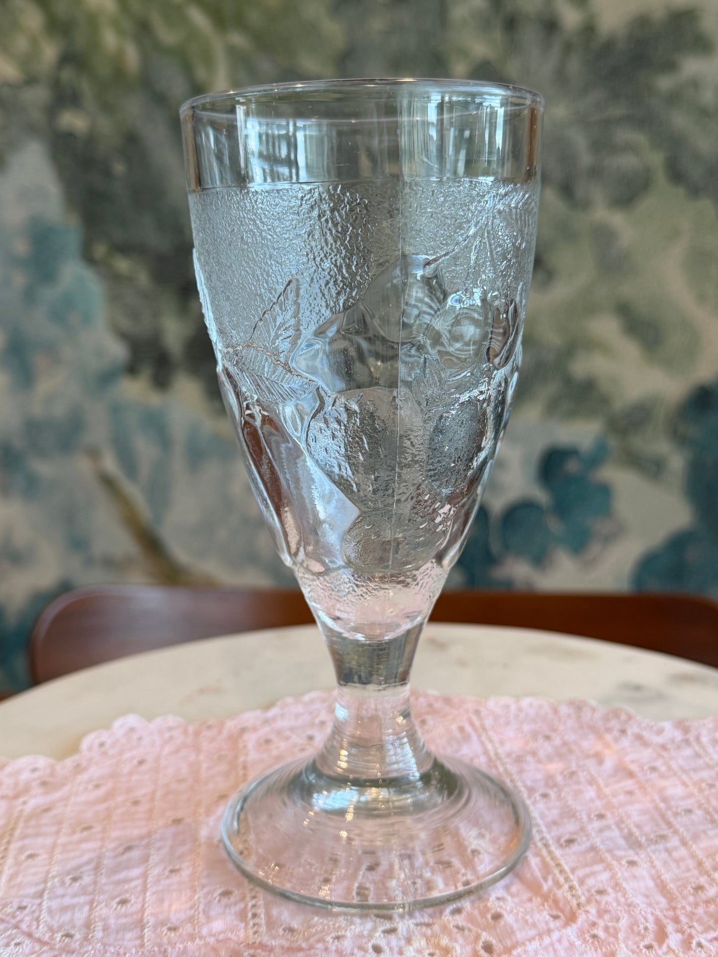 Set of 2 Vintage Pottery Barn “Orchard” Pressed Glass Fruit Footed 8 oz Goblets | Arcoroc France