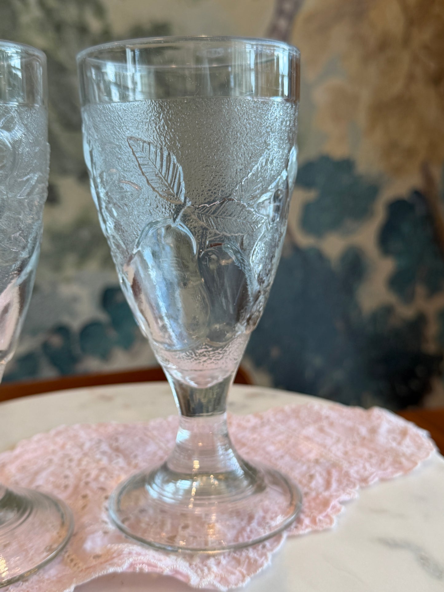 Set of 2 Vintage Pottery Barn “Orchard” Pressed Glass Fruit Footed 8 oz Goblets | Arcoroc France