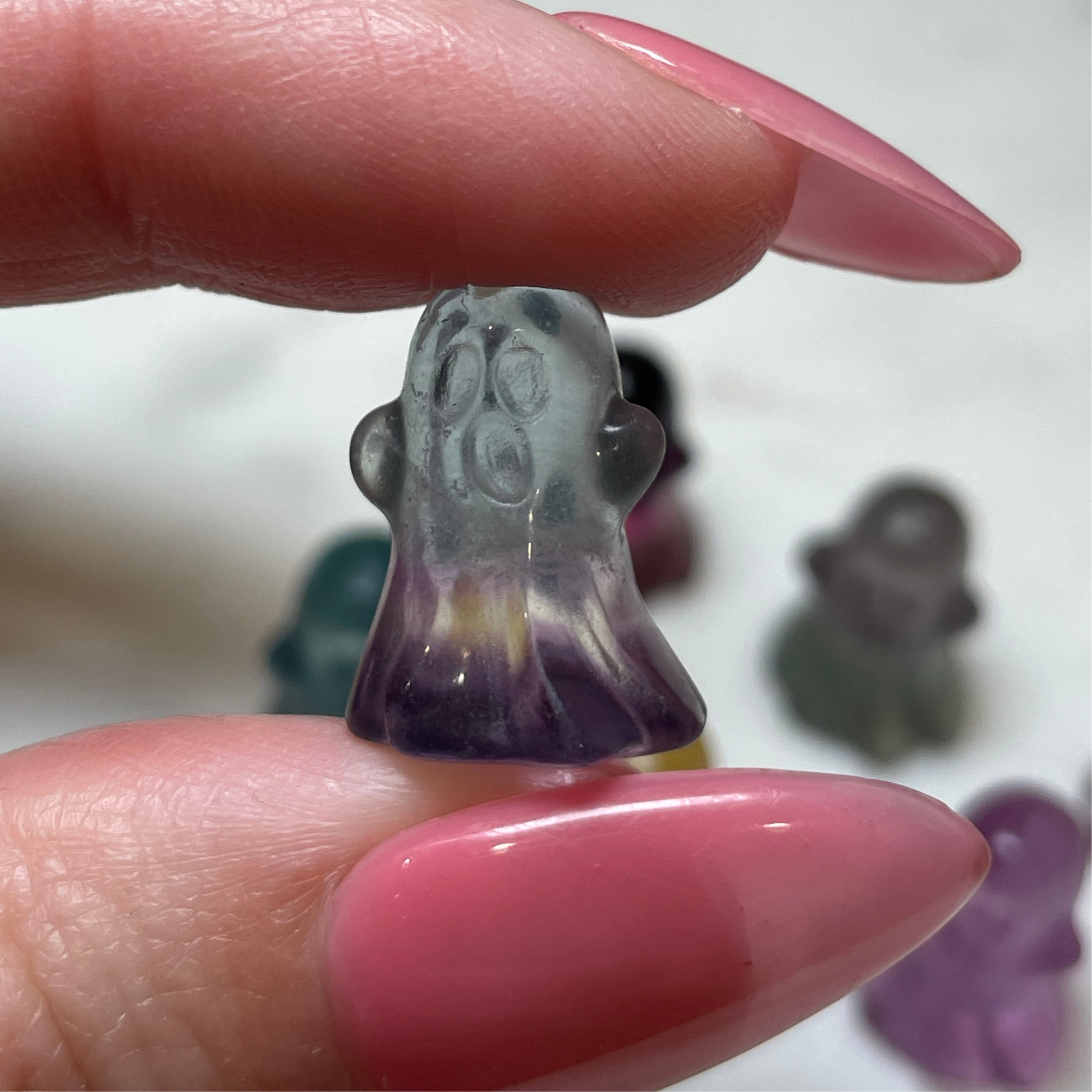 Mini crystal ghost carving candy fluorite crystal tiny display natural halloween decor spooky season gift for witch altar piece dia de los muertos ofrenda fluorite ghost polished crystal carving