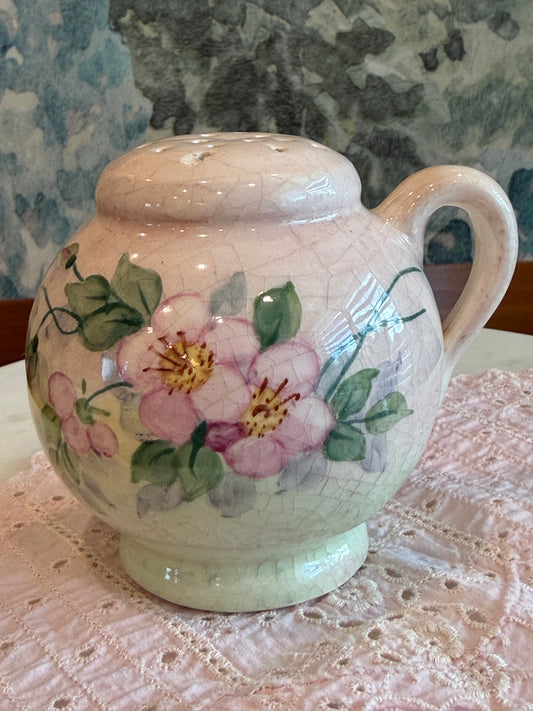 Antique Hand-Painted Porcelain Floral Shaker with Cork Stopper