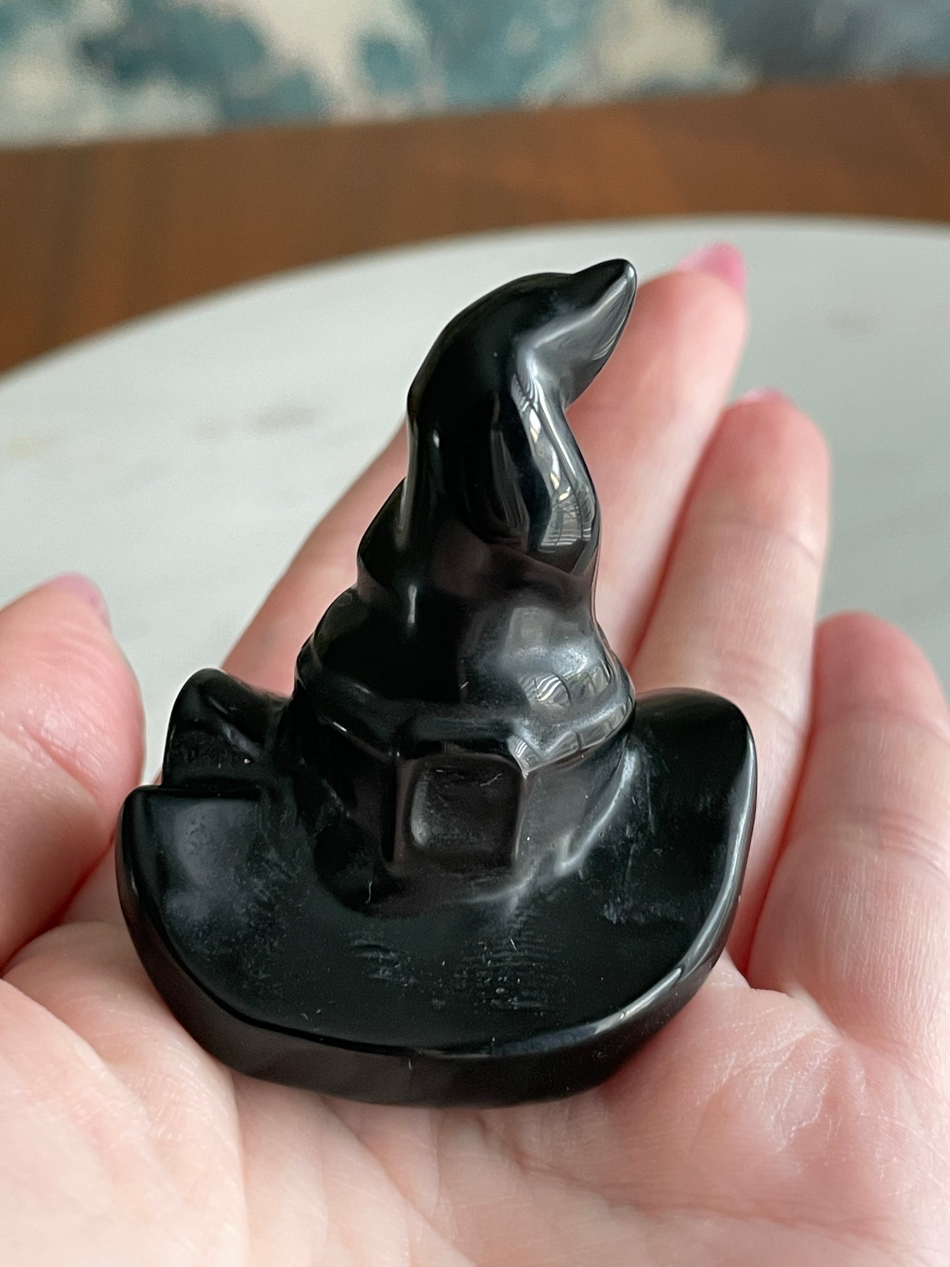 Black obsidian witch hat crystal carving black witches hat polished natural Halloween decor spooky gift wizard carving obsidian crystal display