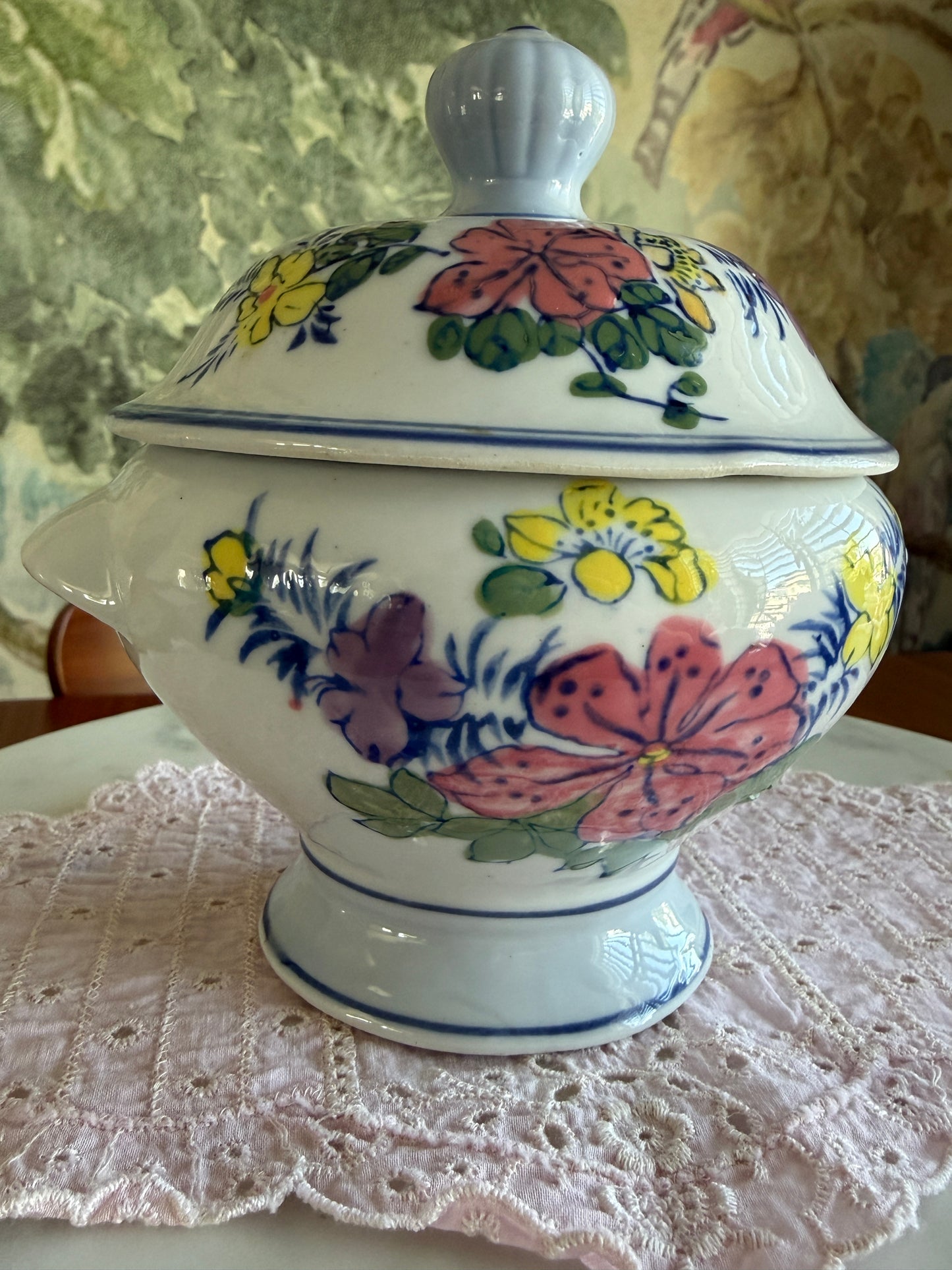 Vintage Hand Painted Porcelain Floral Footed Sugar Bowl with Lid