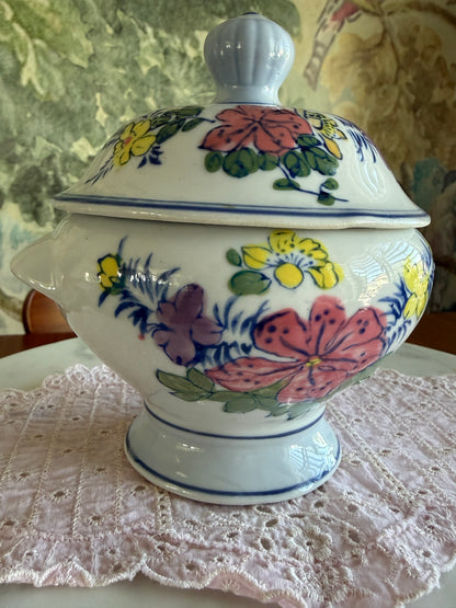 Vintage Hand Painted Porcelain Floral Footed Sugar Bowl with Lid