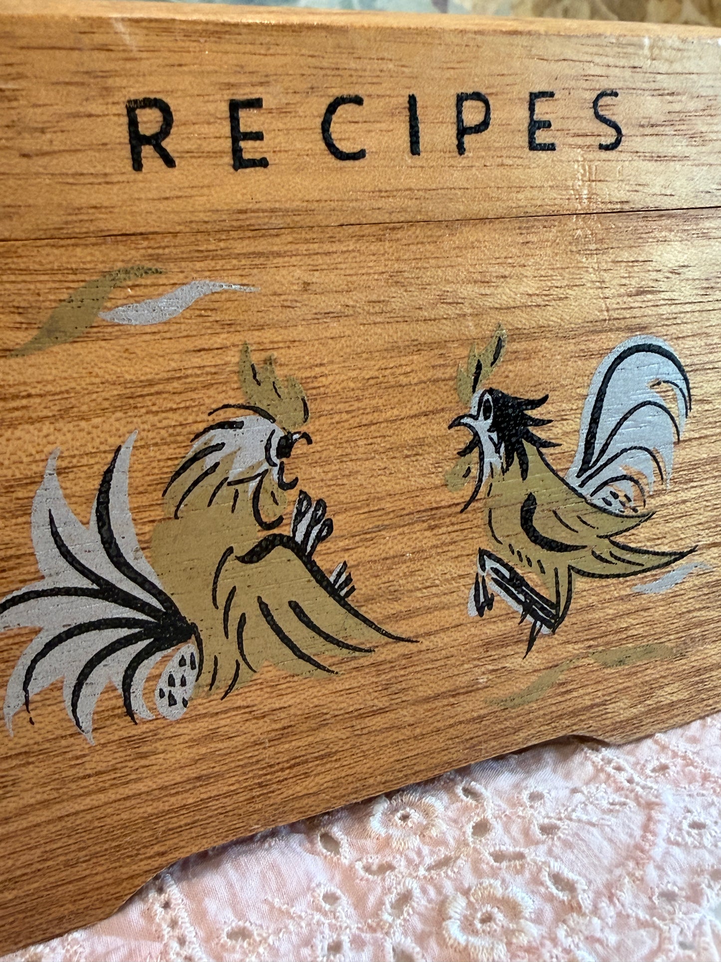 Vintage Wooden Recipe Box with Hand-Painted Roosters | Made in Japan | 1960s