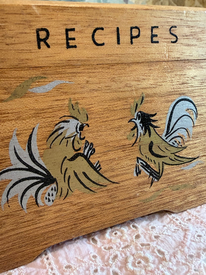 Vintage Wooden Recipe Box with Hand-Painted Roosters | Made in Japan | 1960s