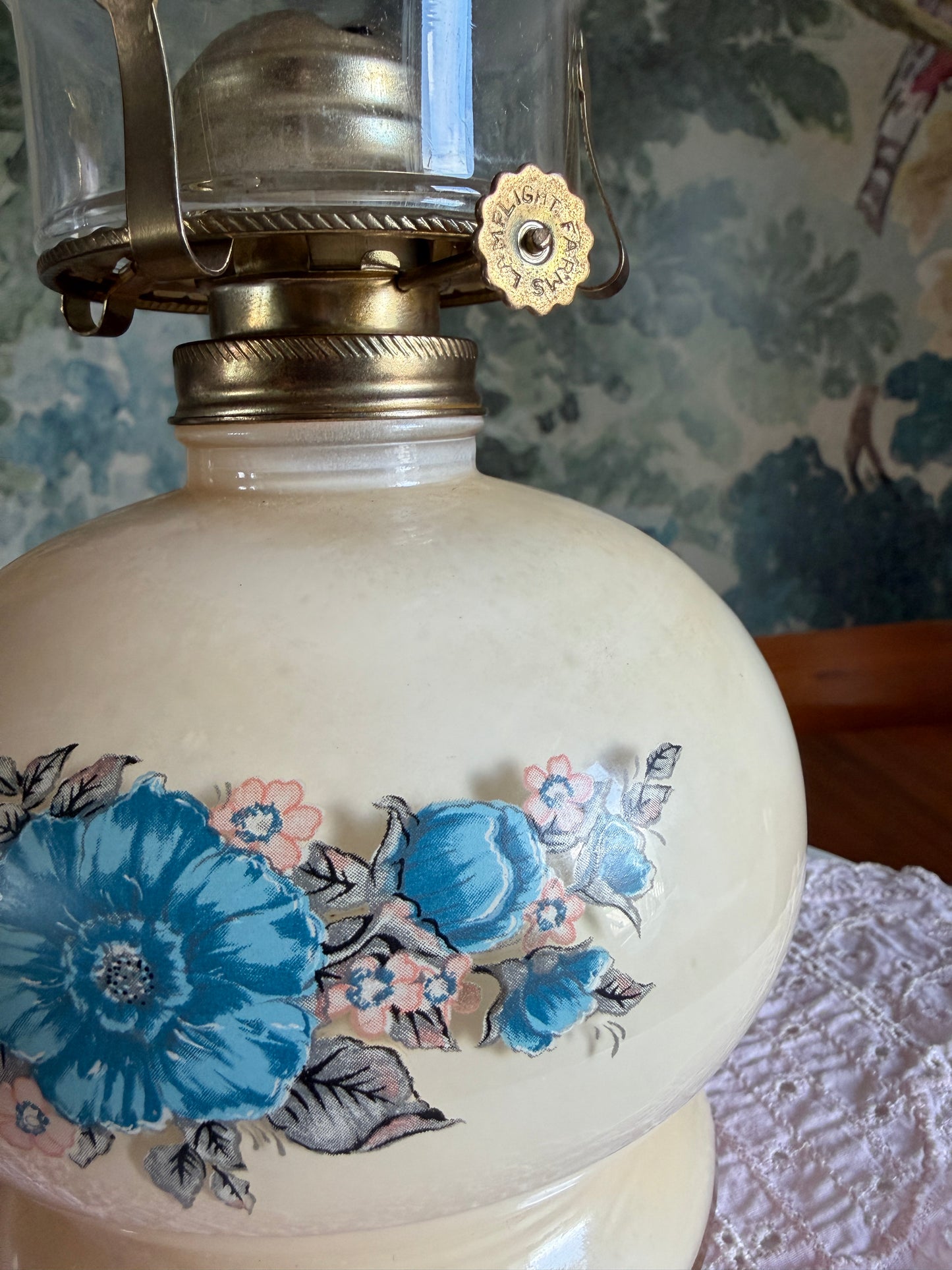Vintage Lamplight Farms Victoria Rose Oil Lamp | Ivory Glass with Blue Floral Design | Made in USA