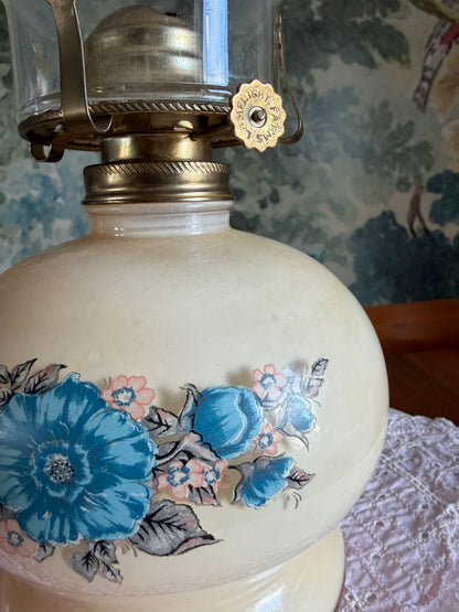 Vintage Lamplight Farms Victoria Rose Oil Lamp | Ivory Glass with Blue Floral Design | Made in USA